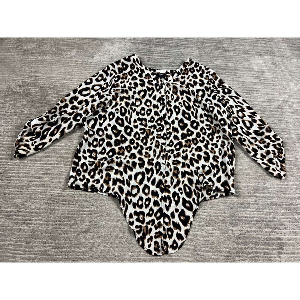 Nue Options Bodysuit Women 14P Brown Leopard Print Button Up Blouse Animal Print